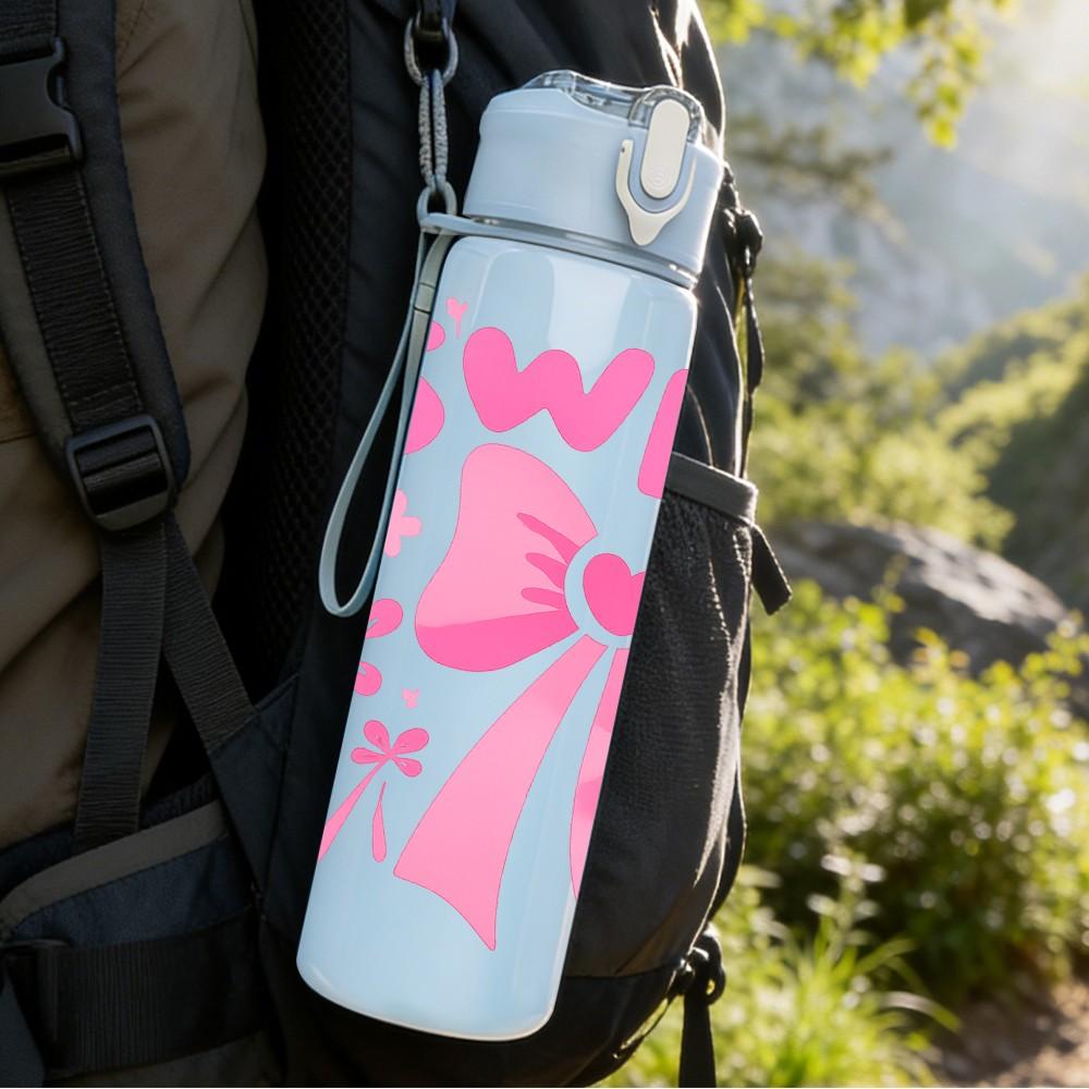 1PC Sweet Bow Pink Text Print 750ml Color Plastic Sports Water Bottle Leakproof Flip Straw Lid Suitable for Sports Office Home Use