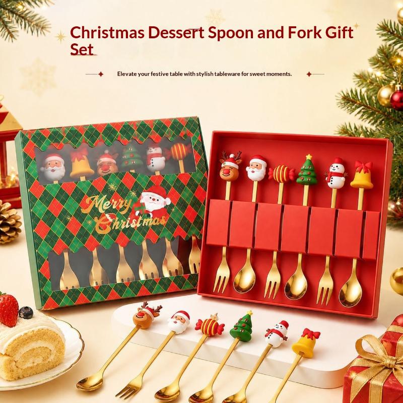 4/6Pcs Christmas Fork And Spoon Set,Stainless Steel Creative Tableware,Coffee Tea Dessert Forks And Spoons Gift Set