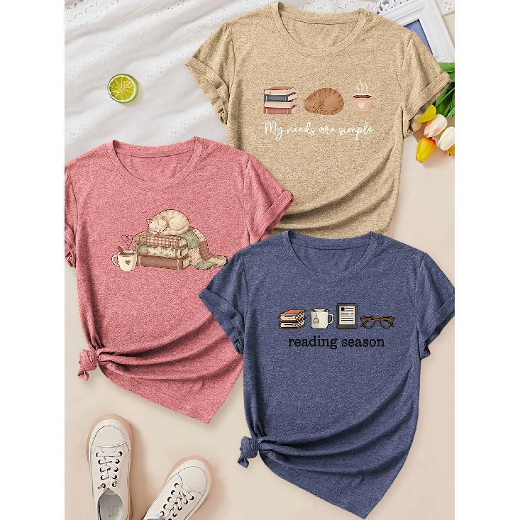 2026 Elegant Reading Season Cat Book Coffee Print Round Neck Women 3 Pack T Shirts Simple Slogan Needs Spring Summer Autumn Clothing Gift Set