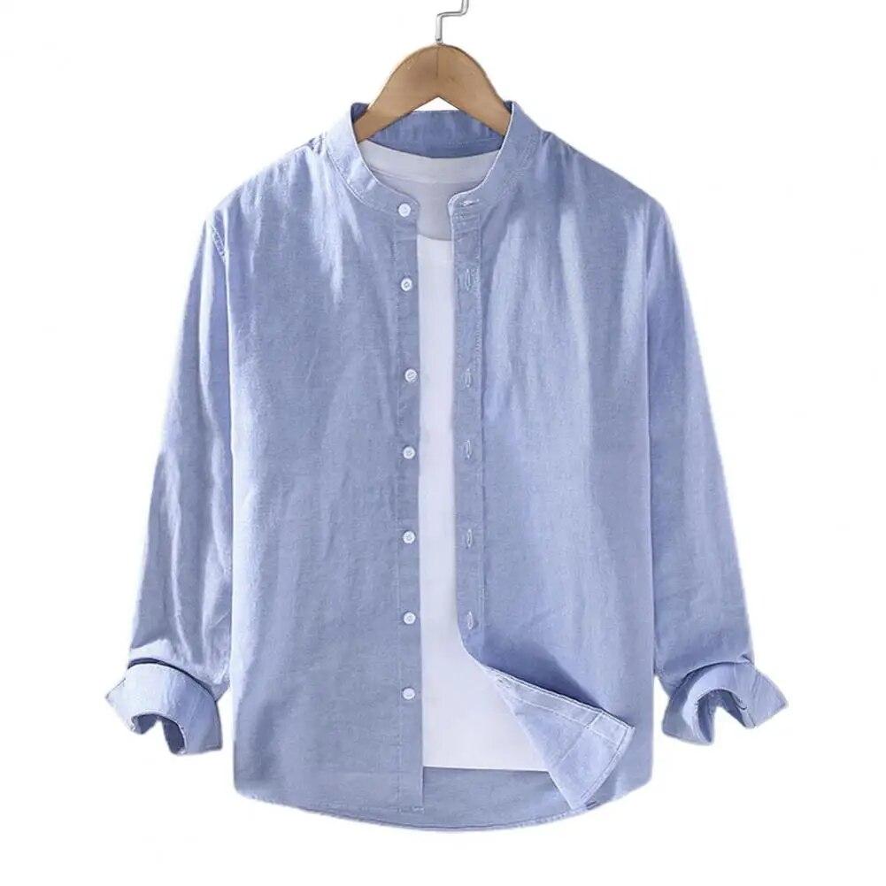 Men Spring Shirt Single-breasted Stand Collar Cardigan Shirt Long Sleeevs Loose Oversized Mid Length Men Fall Top