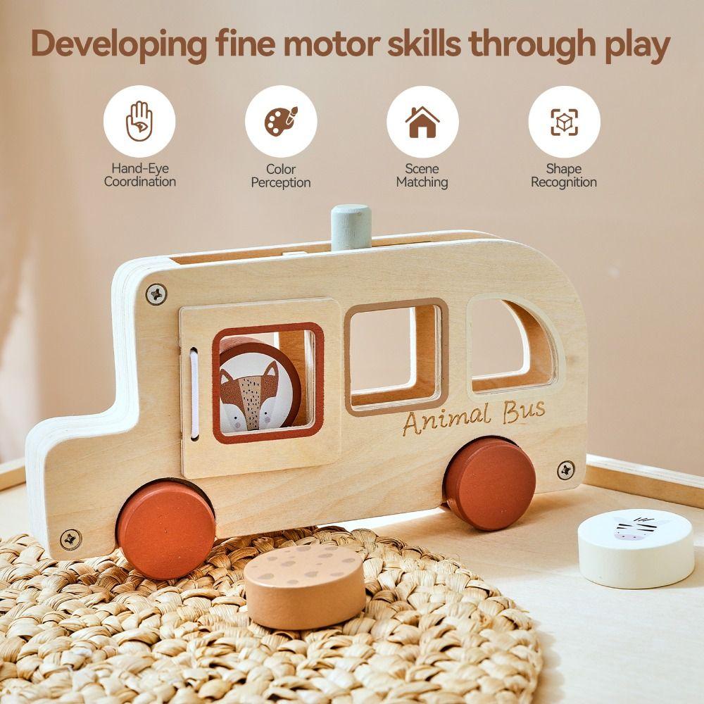 Wooden Material Hand-pushed Car Cylinder Blocks Wooden Cartoon Animal Bus  Early Learning