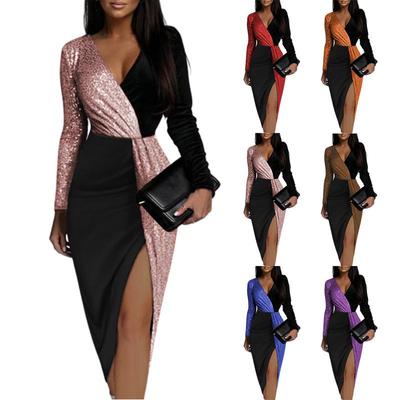 2026 Ethnic Style Color Block High Waist Mid-length Commuting Dress with Long Sleeves and Shiny Waist