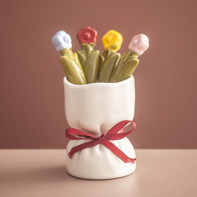 Creative and Cute Flowers Tulip Stainless Steel Fruit Fork Cutlery Fork Cartoon Bouquet Storage Set Food Decoration