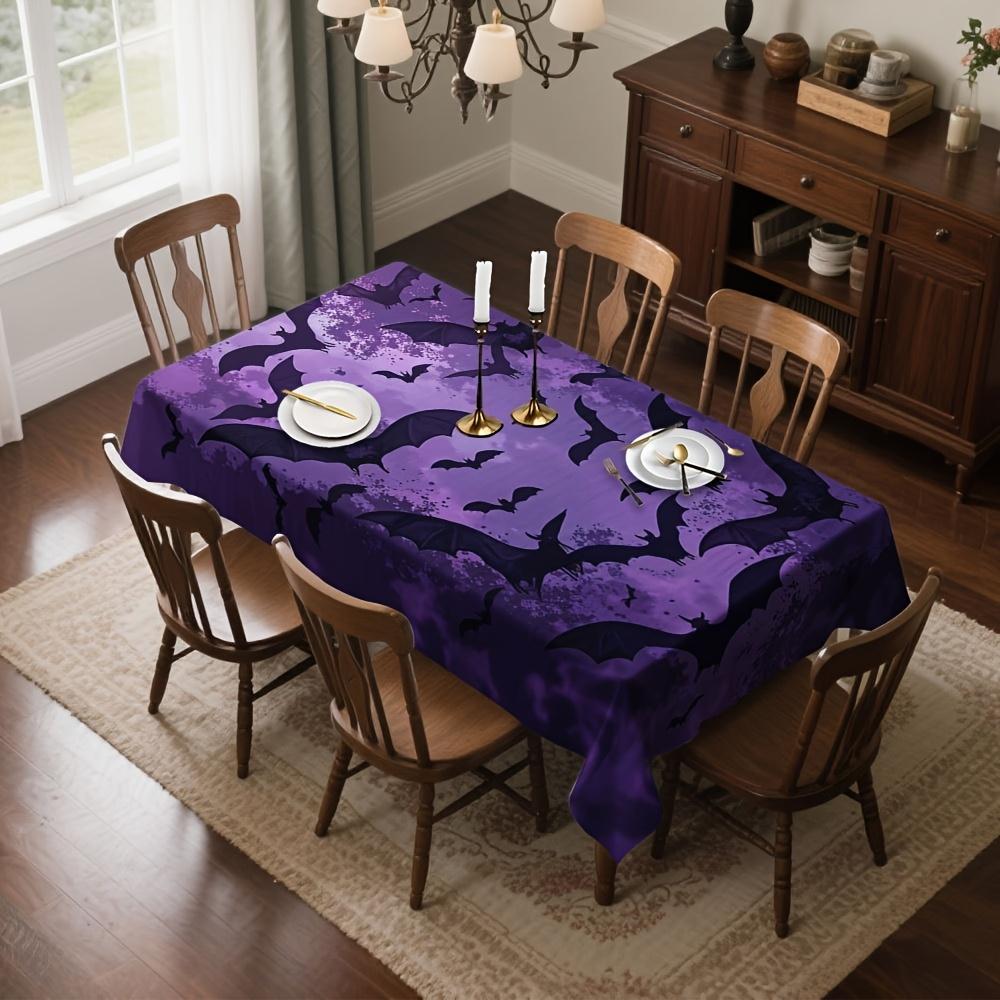 Halloween Rectangle Table Cloth Purple Black Bat Table Cover Waterproof Tablecloth Spooky Halloween Party Dining Home Decor