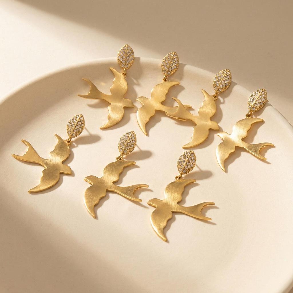 18k Gold-Plated Zircon Leaf & Swallow Earrings: Personalized, Stainless Steel Dangle Design