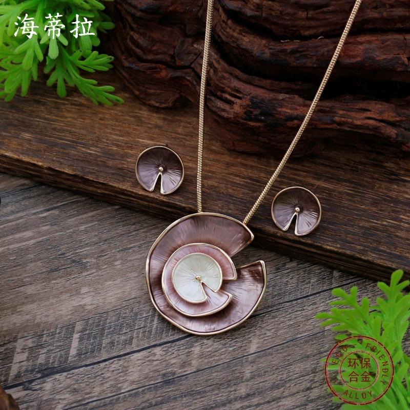New enamel color irregular lotus leaf stud earrings pendant set women's fashion simple lotus leaf necklace