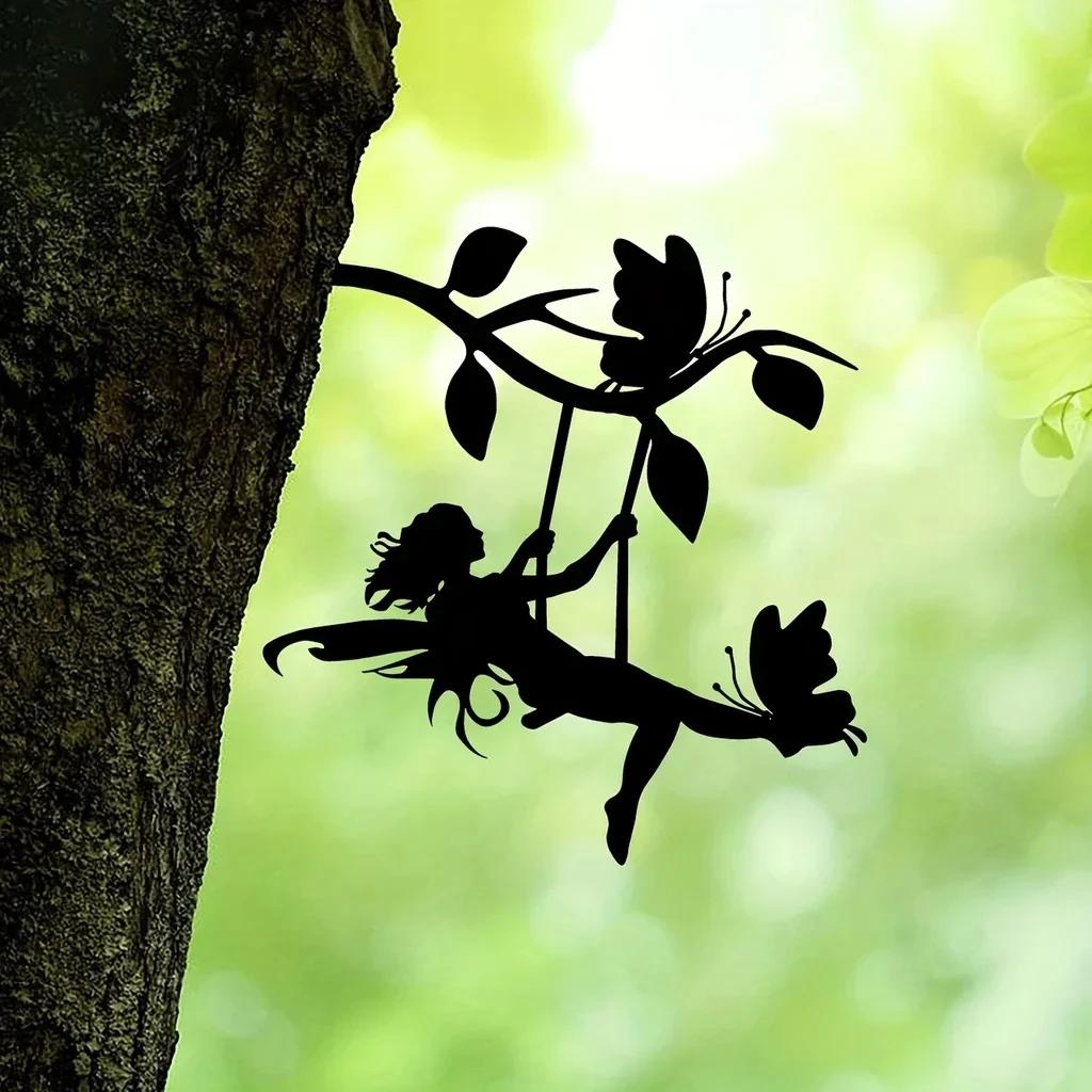 Swing Elf On Branch Steel Silhouette 1pc Metal Wall Art Home Garden Yard Patio Statue Stake Decoration or Garden Party Decor