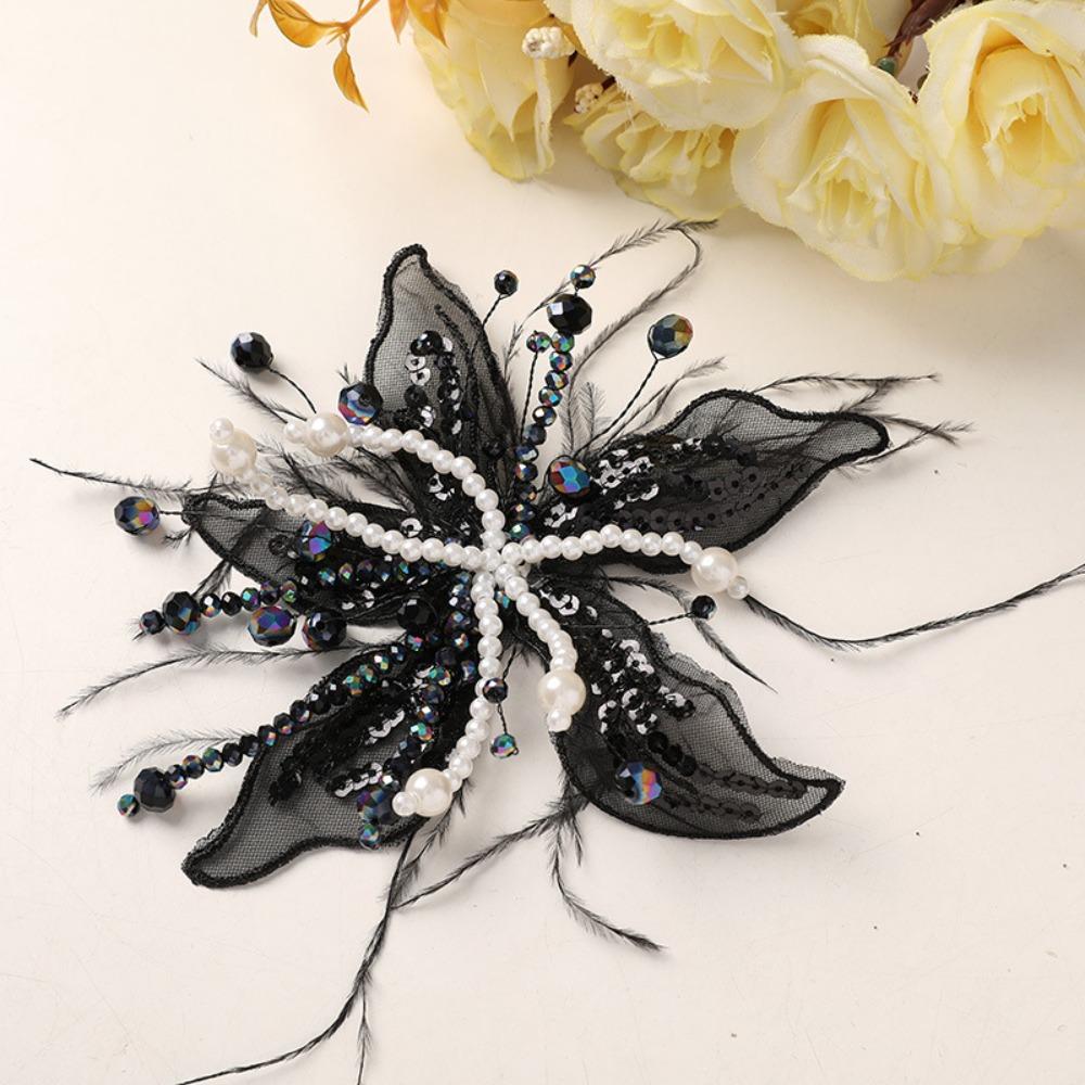 Feather Pearl 3D Organza Flower Patch Twisted Wire Lace Studded Patch Multi-layer Crystal Flower Applique Decorative