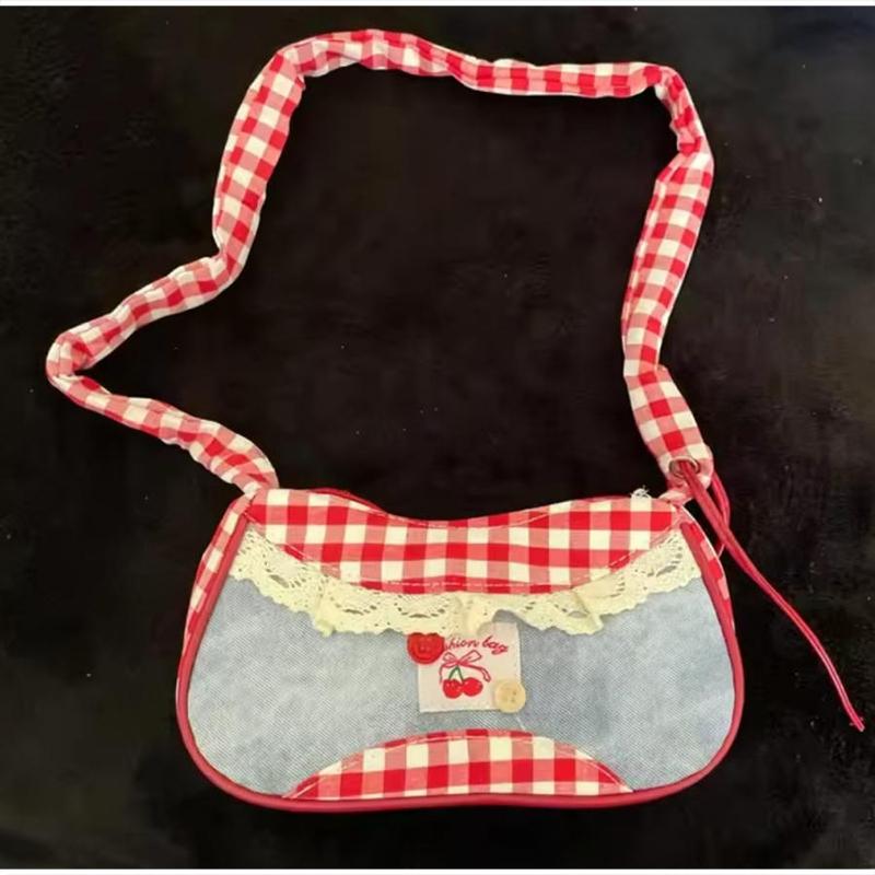 Korean Color-blocked Handbag Red Plaid Denim Patchwork Shoulder Bag Y2k Lace Crossbody Bag Sweet Girl Zipper Small Square Bag