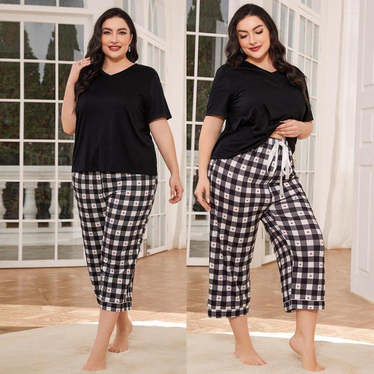 Plus Size Pajamas for Women 2 Piece Sleepwear Set Comfy V Neck Short Sleeve Shirt and Drawstring Long Pants Lounge Wear Home Sleeping Suites