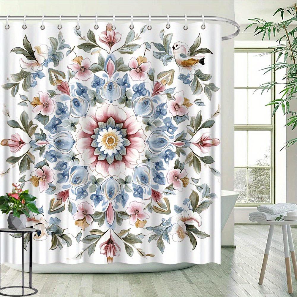 Floral Shower Curtain - Vintage Garden Mandala Pattern, Adds Natural Beauty, Polyester Fabric, Includes 12 Hooks,Bathroom Decor