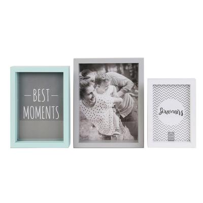 [R2486] - Set of 3 Wooden Photo Frames 'Boho' Gray Green White (recessed) - 22x17x4cm