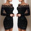 Seksi Tek Kelime Yaka Kapalı Omuz Bodycon Parlak Parti Siyah Elbise Dantel Patchwork Mini Elbise Kadınlar Zarif Hollow Abiye