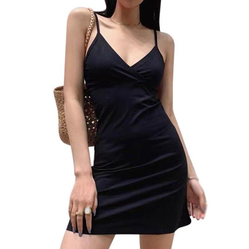 Ladies European And American Retro Solid Color Sexy Suspender Dress Cocktail Beach Party Sleeveless Tight Mini Dress