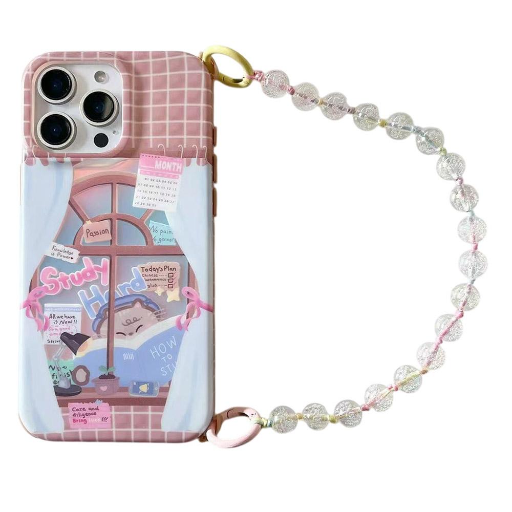 

For iPhone 16 Pro Max Case IMD Cat Reading Design TPU Phone Cover with Beaded Strap A
