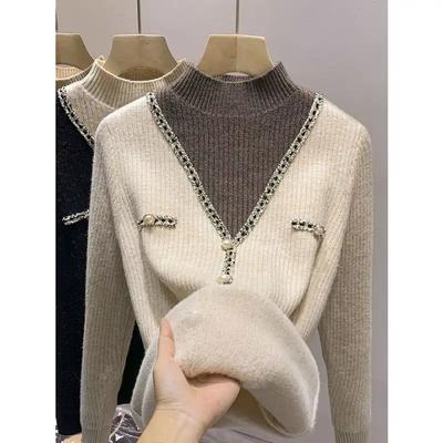 Trui voor Dames Herfst Winter Verdikte Pullover Warm Gebreid Gestreepte Basislaag Rekbaar Lange Mouw Oversized Jumper Tops