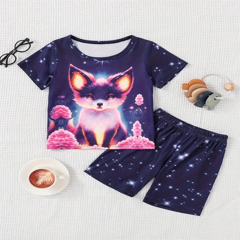 

Комплект из 2 шт., футболка и шорты для девочек с эффектом свечения в темноте, пижама, 100