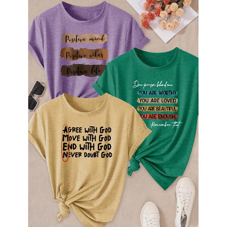 Spring and Summer Hot Sale Women's Clothing 3 Pack of round-neck short-sleeve shirts T Shirt Positive energy self-affirmation text print Sunlight