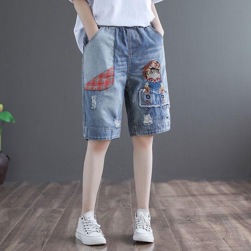 Women's New Summer Cowboy Shorts Thin Loose Slim Versatile Elastic Waist Straight Leg Pants
