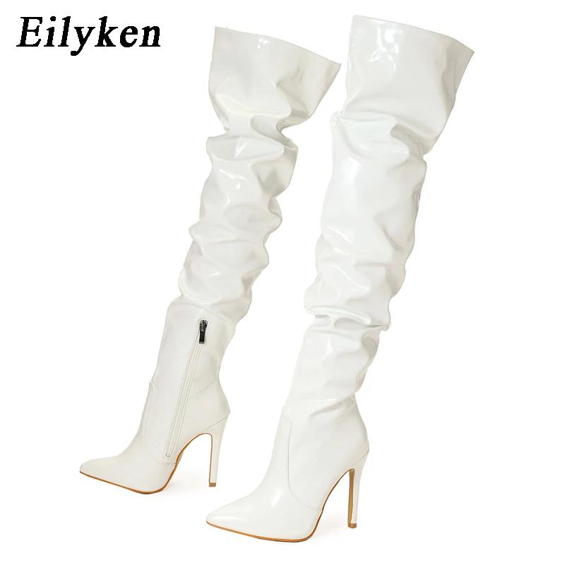 Fashion Eilyken Red Women Over The Knee Boots High Heels Patent Leather Solid Pointed Toe Stiletto Side Zipper Sapatos Femininos