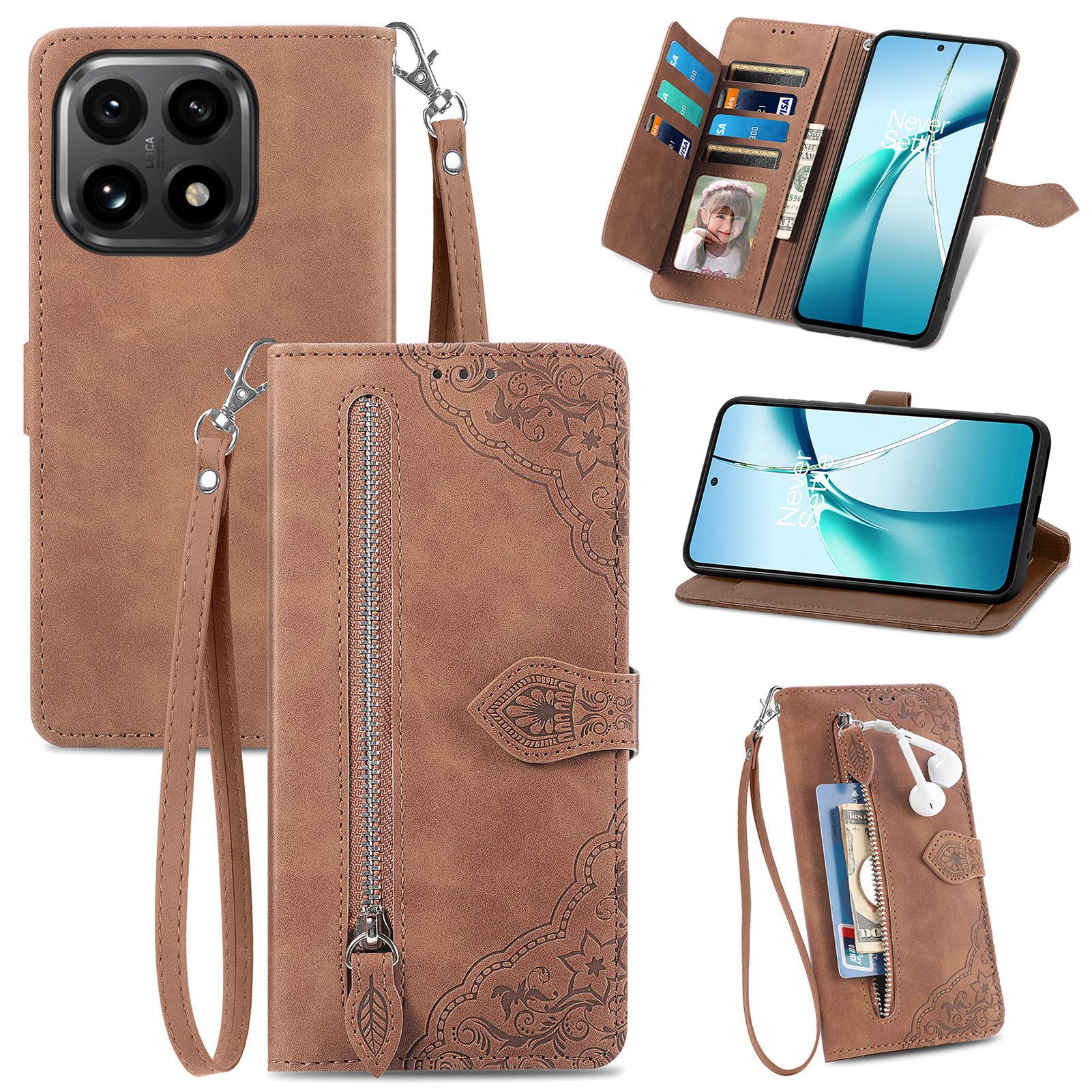 

For Xiaomi 15T Zipper Wallet Case with Strap Flower Imprint PU Leather Phone Cover