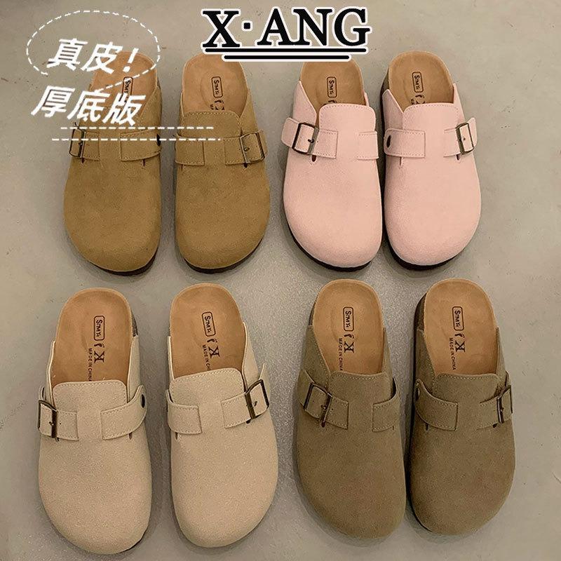 Leather cork bottom children's baotou half slippers outside wear spring and summer new one-pedal lazy shoes