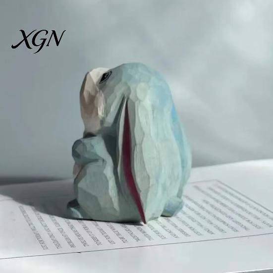 Handmade Animal Statue for Shelves Hand-Carved Lop-Eared Bunny Ornament, Cute Desk Figurine, Natural Wood Carving Art Small Decorative Entryway