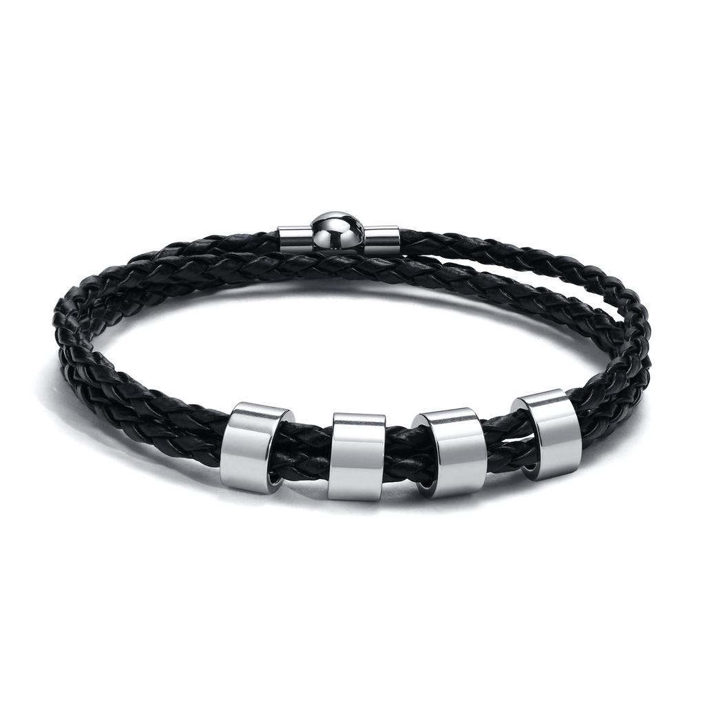 Vnox Free Custom Name Mens Braided Genuine Leather Bracelet Gifts Jewelry,Stainless Steel Beads Charm with Family Names,Dad Gift