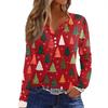 Women's T Shirt Tee Christmas Print Button Long Sleeve Daily Weekend Fashion Basic V- Neck Regular Top