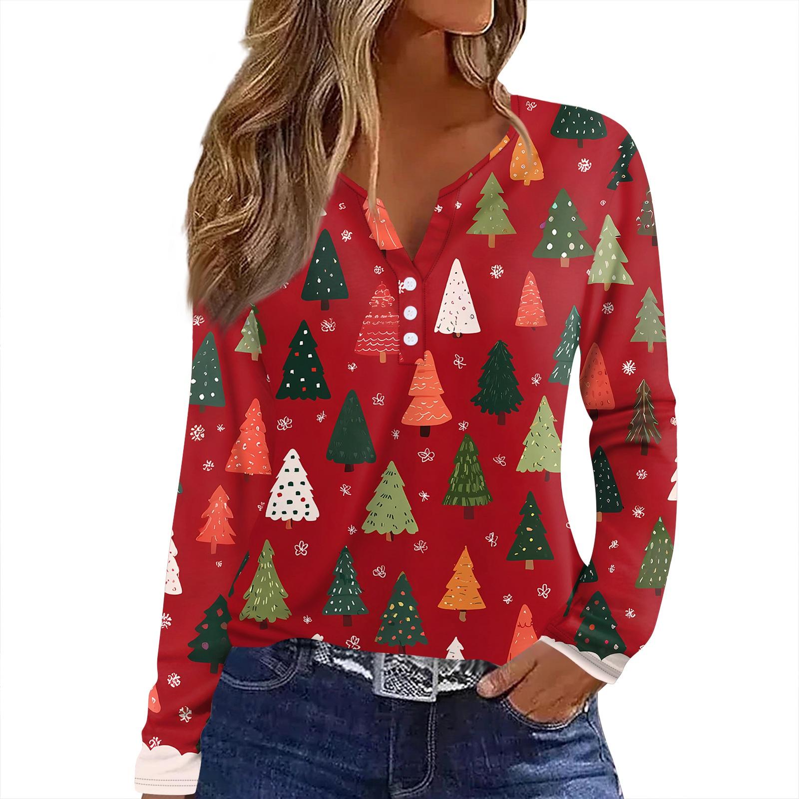 

Женская футболка с рождественским принтом на пуговицах с длинным рукавом, повседневная, выходного дня, модная, базовая, с V-образным вырезом, обычная XXL киноварь