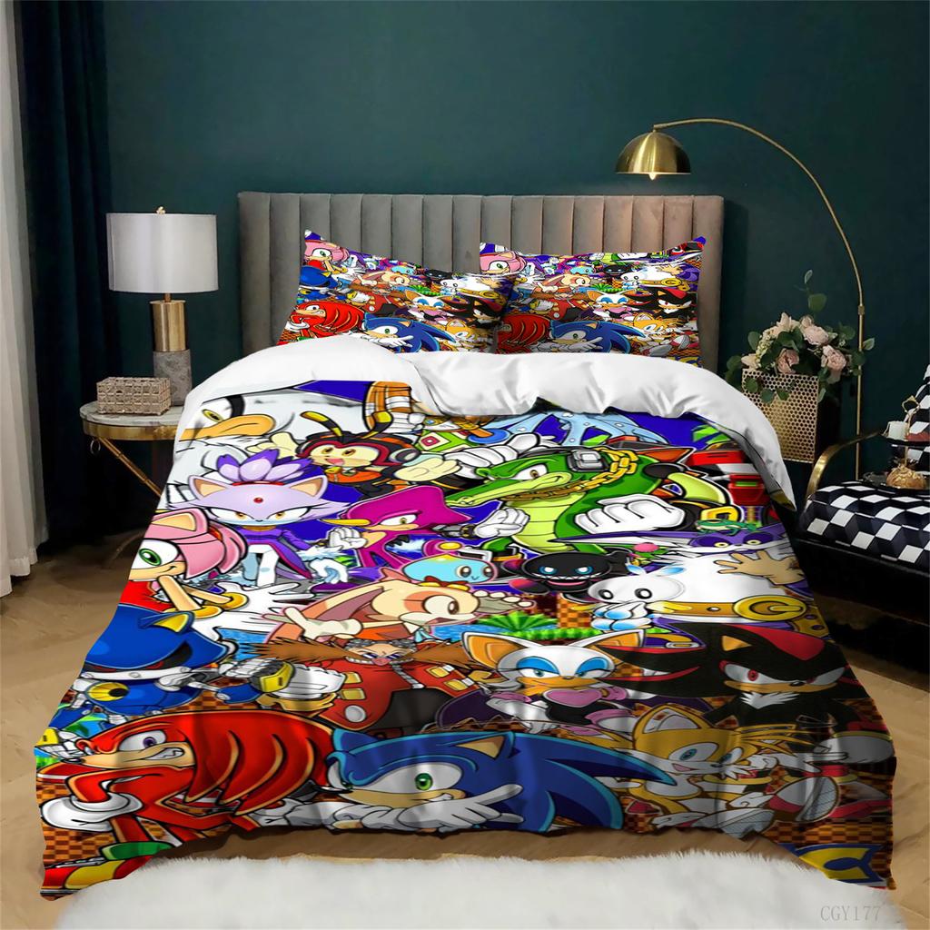 Sonic Bedding Set 3 Pieces Movie Cartoon Duvet Cover Set All Season Soft Lightweight Duvet Cover with Zipper Closure