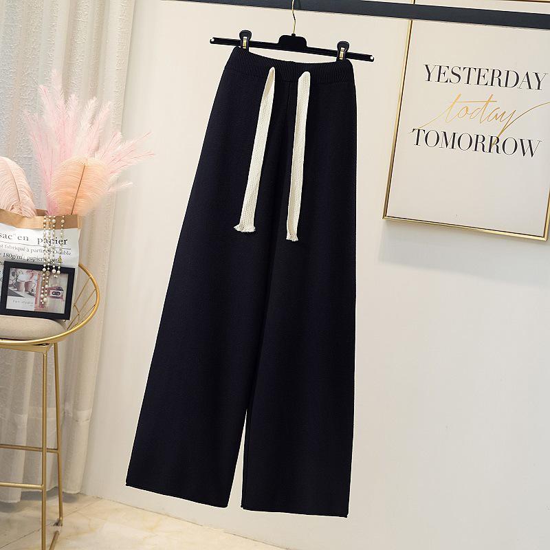 

Женские осенние эластичные трикотажные брюки широкого кроя с высокой талией 2024 года — повседневный, свободный и драпированный стиль One Size синий