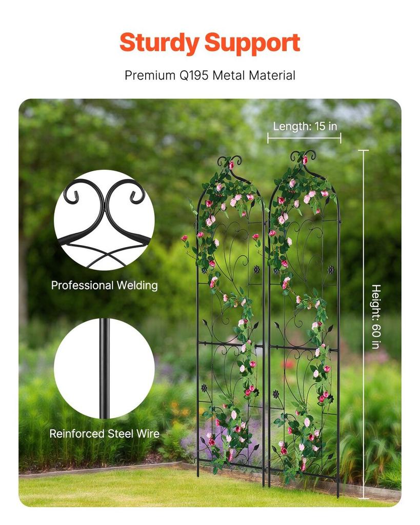 2 Packs Metal Garden Trellis for Climbing Plant Support 60x15 In Rustproof