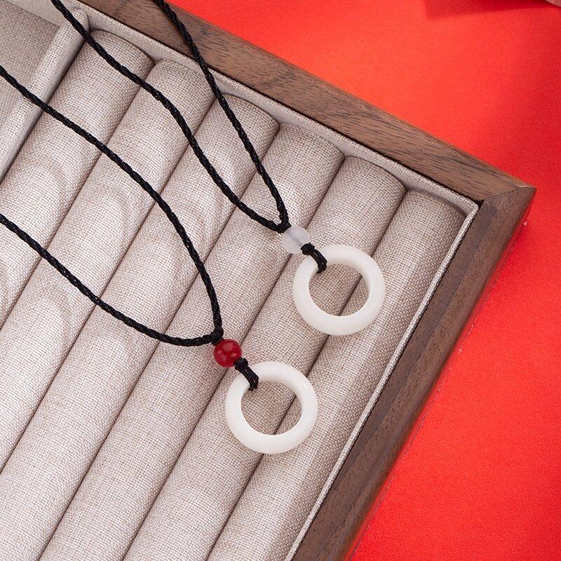 Chenxi, White Jade Bodhi Safety Buckle Ring Necklace Simple Woven Necklace Rope Men's and Women's Black Rope Necklace