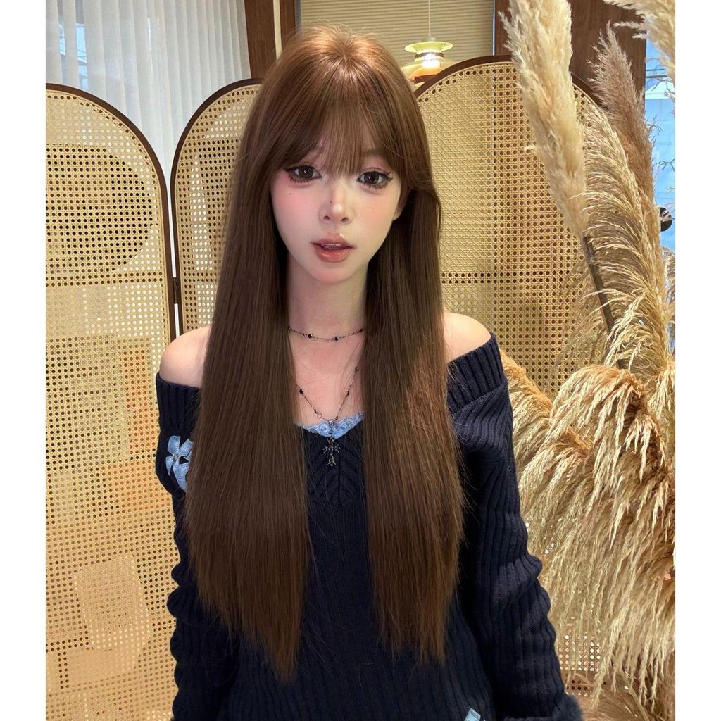 Women's Long Straight Wig with Bangs, Warm Tea Chestnut Brown - Full Head Coverage, Fluffy, Sweet or Cool Look