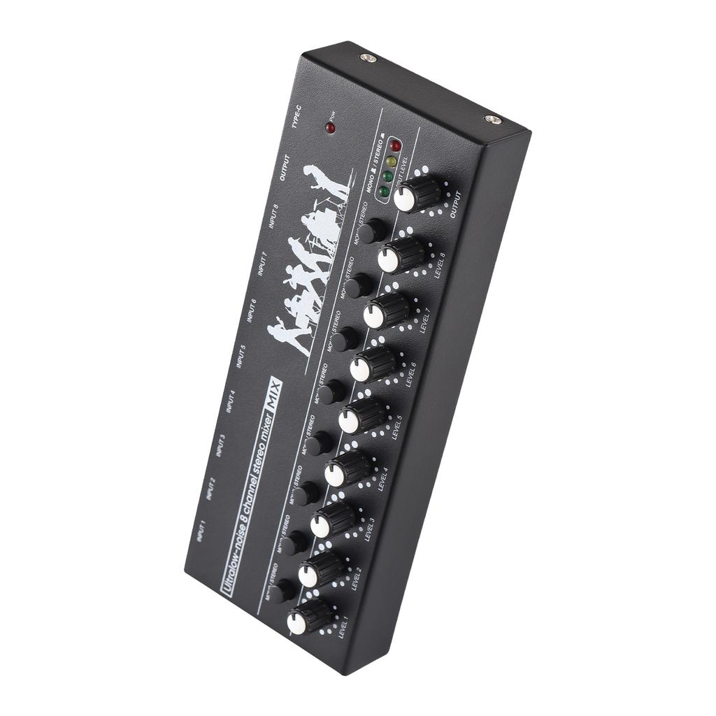 8 Channel Audio Mixer Mono Stereo Switching Audio Mixer with Level Indicator Light 6.35mm TRS TS Input Metal Iron Shell