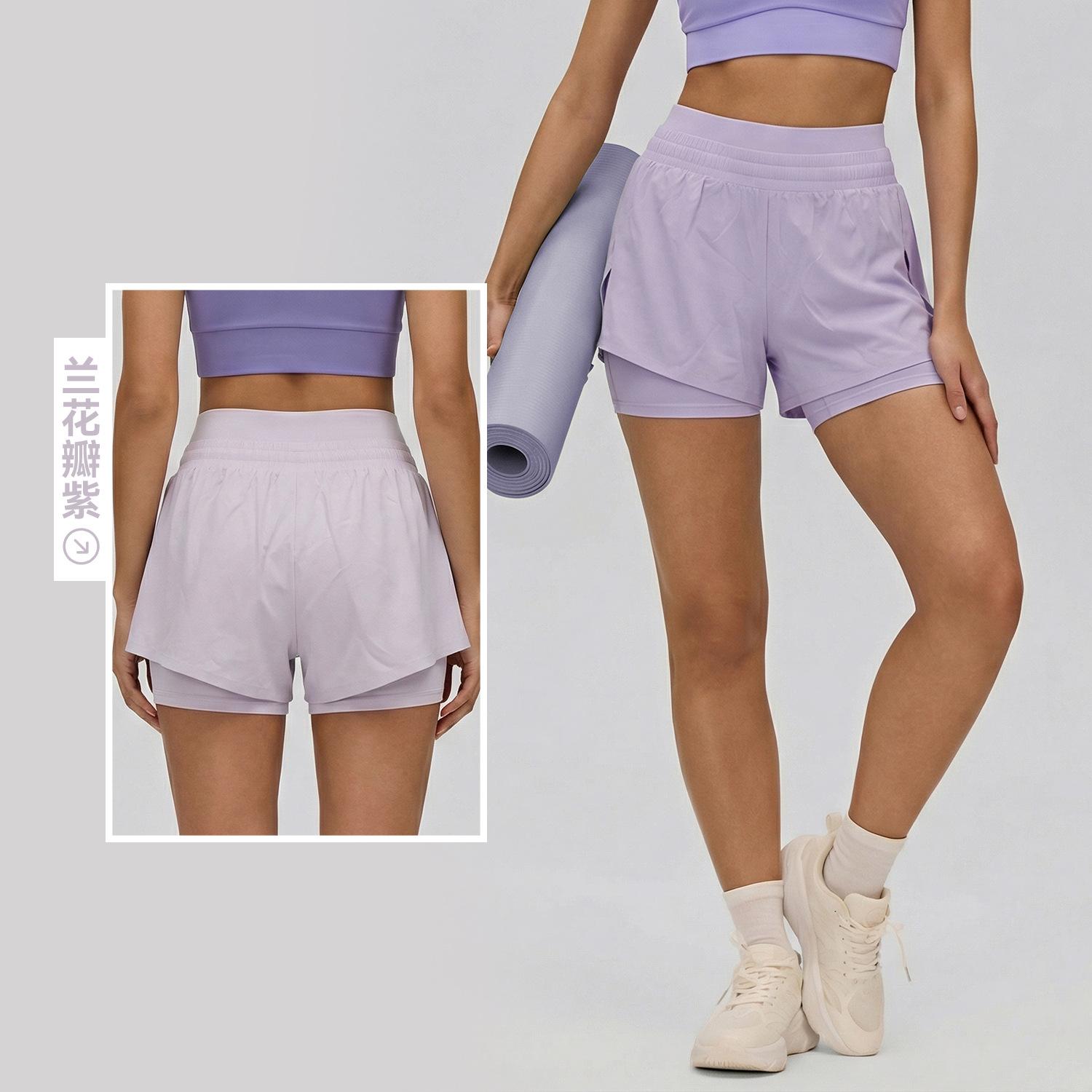 

Fake two-piece sports shorts, women s unilateral pocket, high waist strap, three-point pants, with its own backing, anti-light yoga shorts. S/4