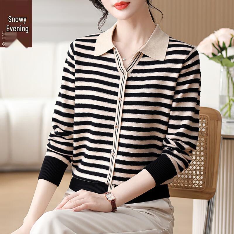 

XUEXI Women s Striped Lapel Pullover Sweater L