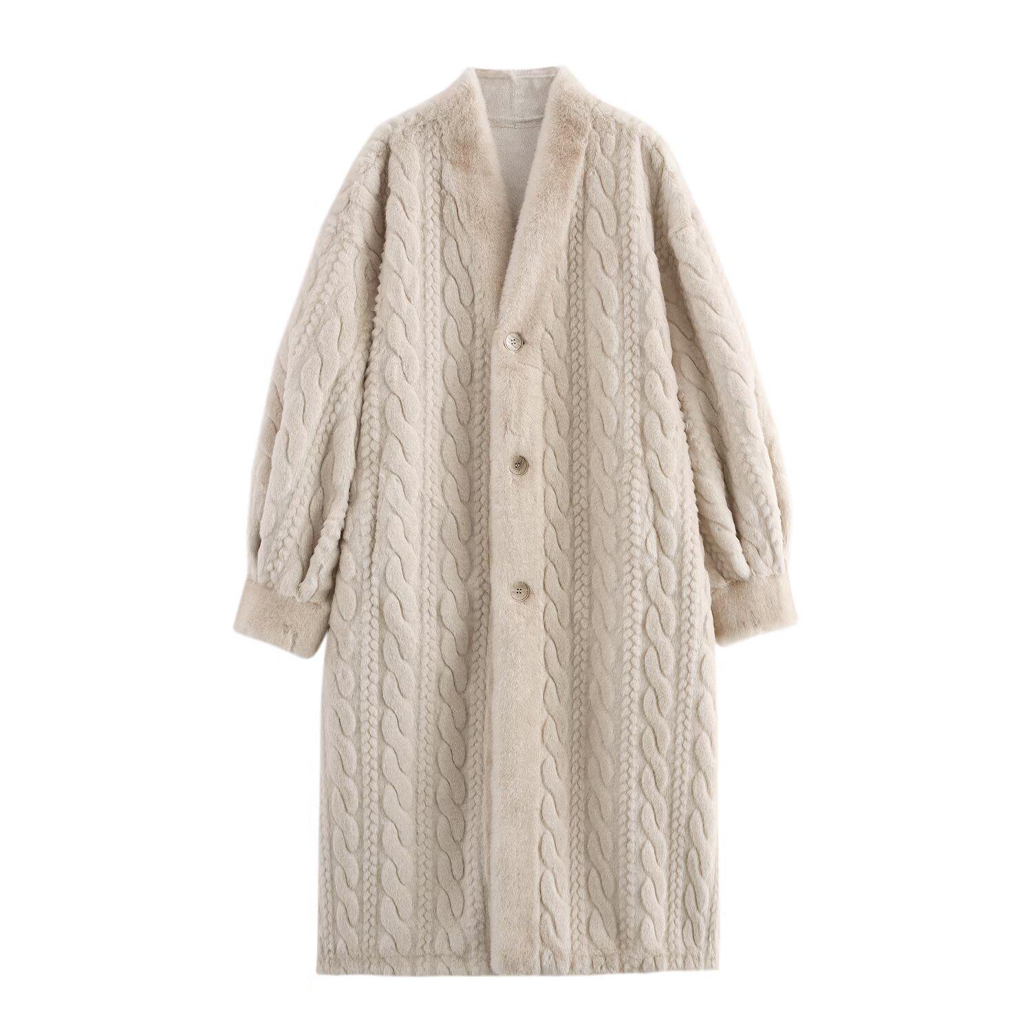 

2024 Осень Женское Европейский и Американский Стиль Длинное Пальто из Искусственного Меха с V-образным Вырезом One Size абрикосовый