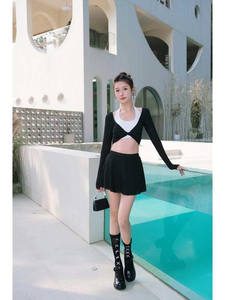 Women's Korean Color Block One-Piece Swimsuit - Slimming Split Dress Style for Vacation
