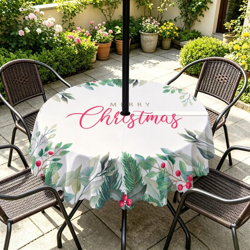 Outdoor Christmas Tablecloth Round Waterproof Oil-Resistant Patio Table Cover Garden Deck Umbrella Hole
