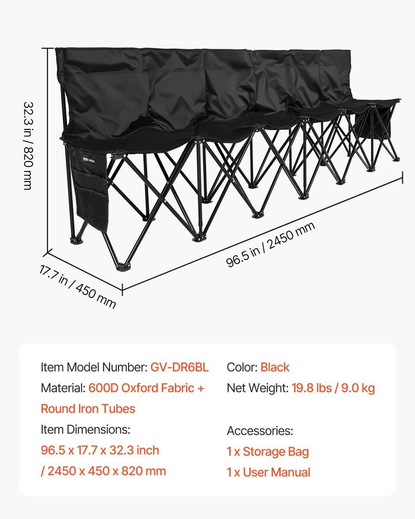 Portable Folding Bench, 6 Seat Soccer Bench with Multiple Storage Pockets & Carrying Bag, Lightweight Sideline Seating with Back Rest for Football,