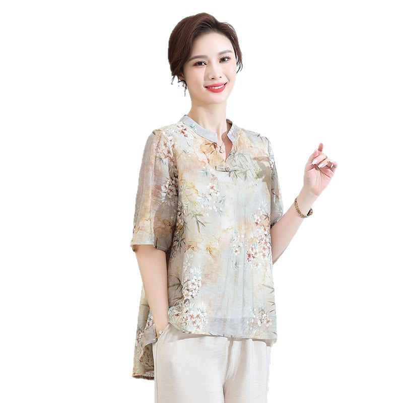 New Women's Chinese Style Summer Chiffon Shirt - Short Sleeve, Mid-Length, Printed Design