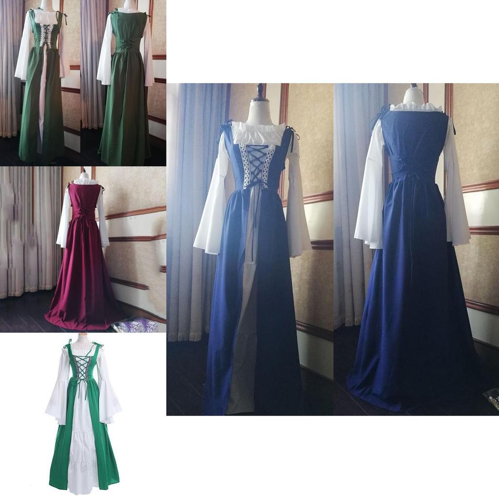 Elegant Women's Vintage Renaissance Medieval Long Dress With Flare Sleeves And Lace-up Detail
