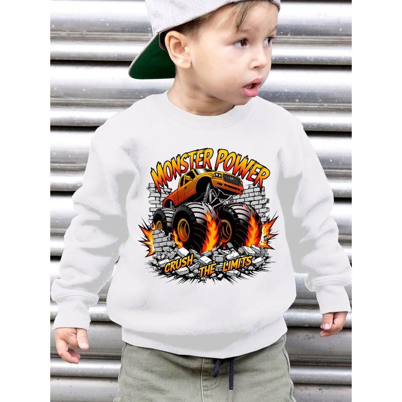 European sizes Kids' Stylish Fleece Sweatshirt with MONSTER POWER CRUSH THE LIMITS Truck Cartoon Print, Loose Fit, Casual Long Sleeves