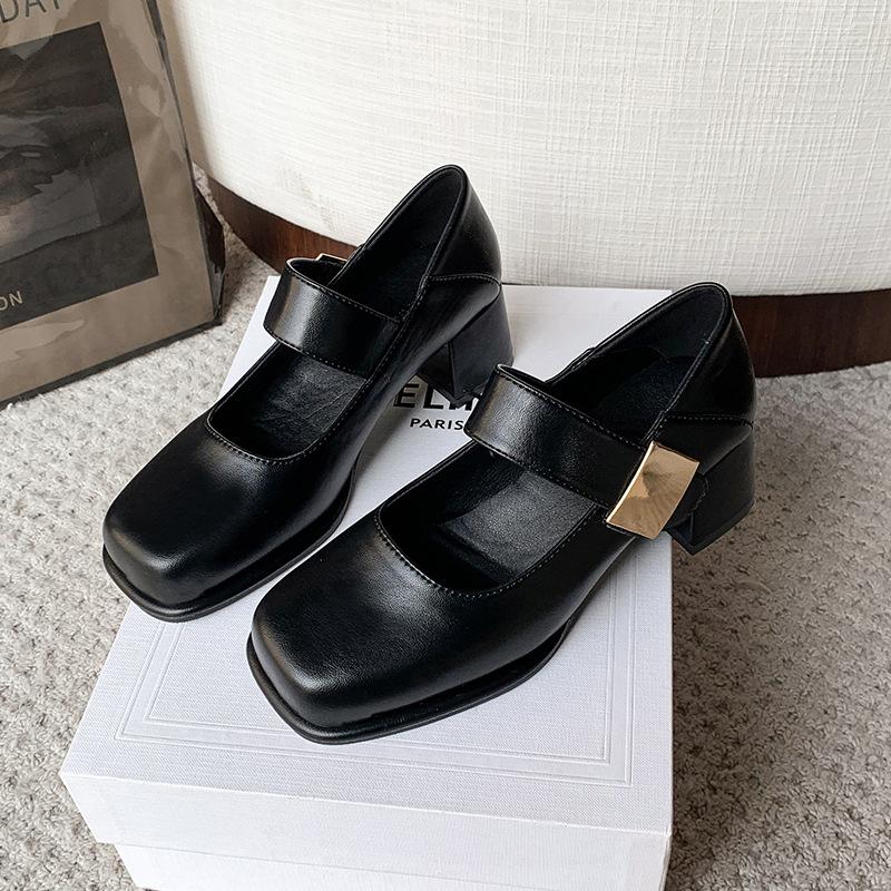 Retro Square Head Word with Thick Heel Mary Jane Shoes Literary Small Leather Shoes Women's Shoes Versatile High Heel Single Shoes Women