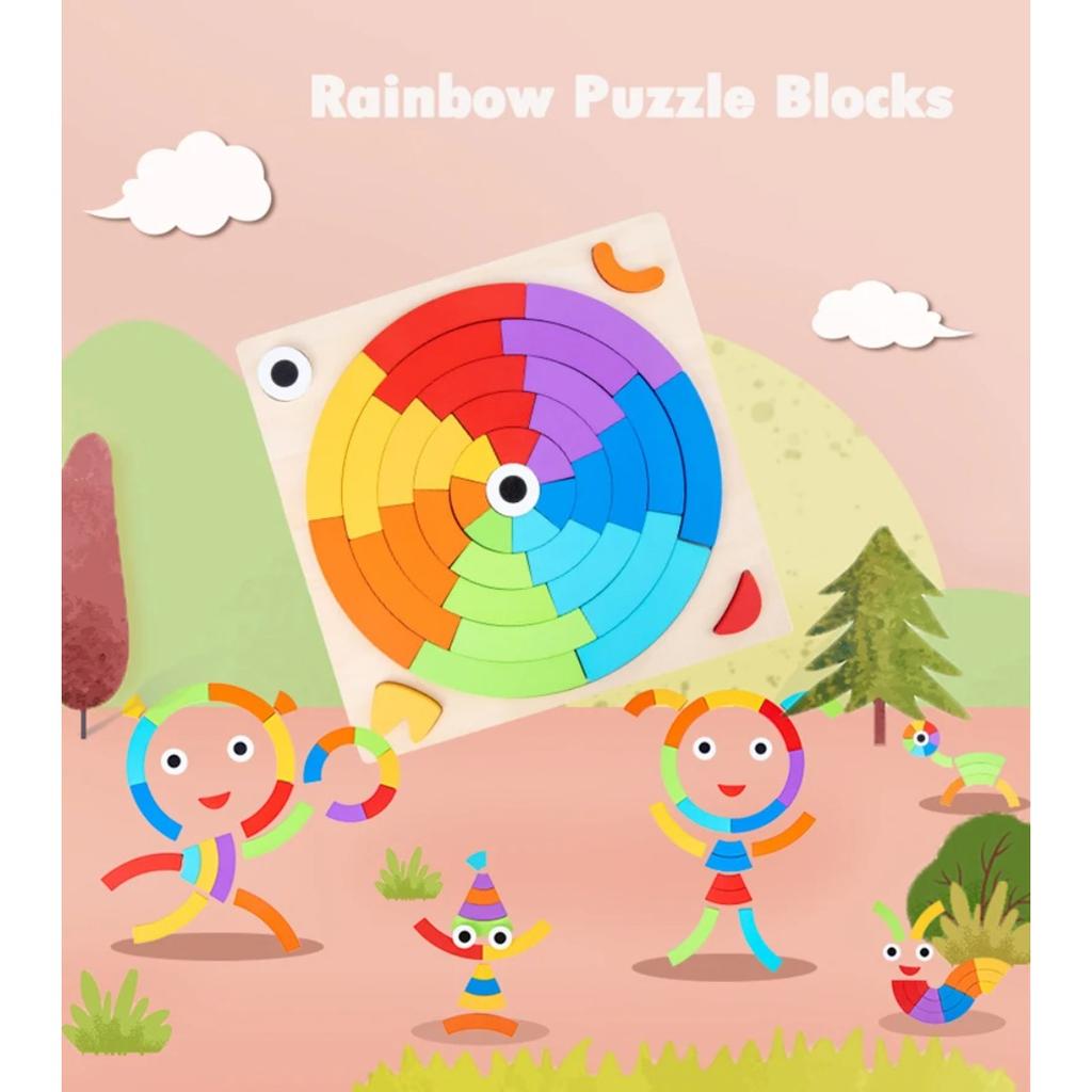 Children DIY Jigsaw Puzzle Rainbow Sensory Wooden Toys Tangram Puzzle Toys Montessori Education Imagination Shape Matching Games