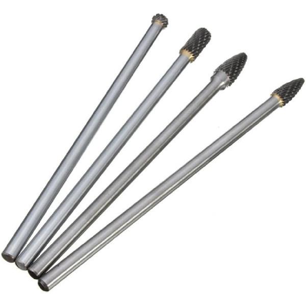 4Pcs Carbide Rotary Burr Set, 6-Inch Long Rotating Burr Tools Kit with 6mm Shank for Woodworking Drilling Carving Engraving