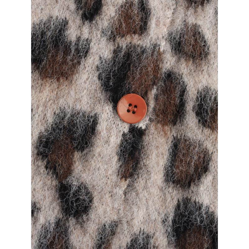 Leopard Print Round Neck Ribbed Knit Cardigan - European & American Style