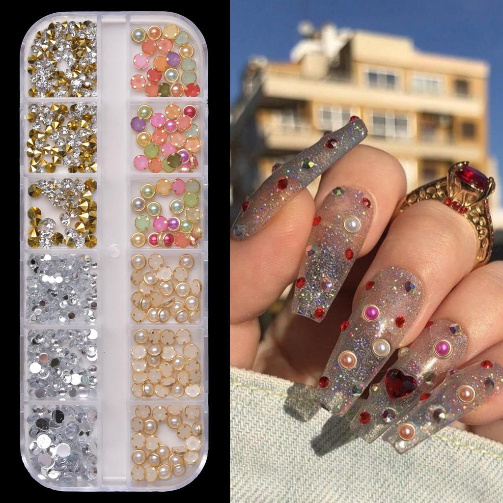 12-Grid Colorful Pearl Nail Art Decorations: Mixed-Size, Full/Half Round, Flat-Back Pearls for DIY.